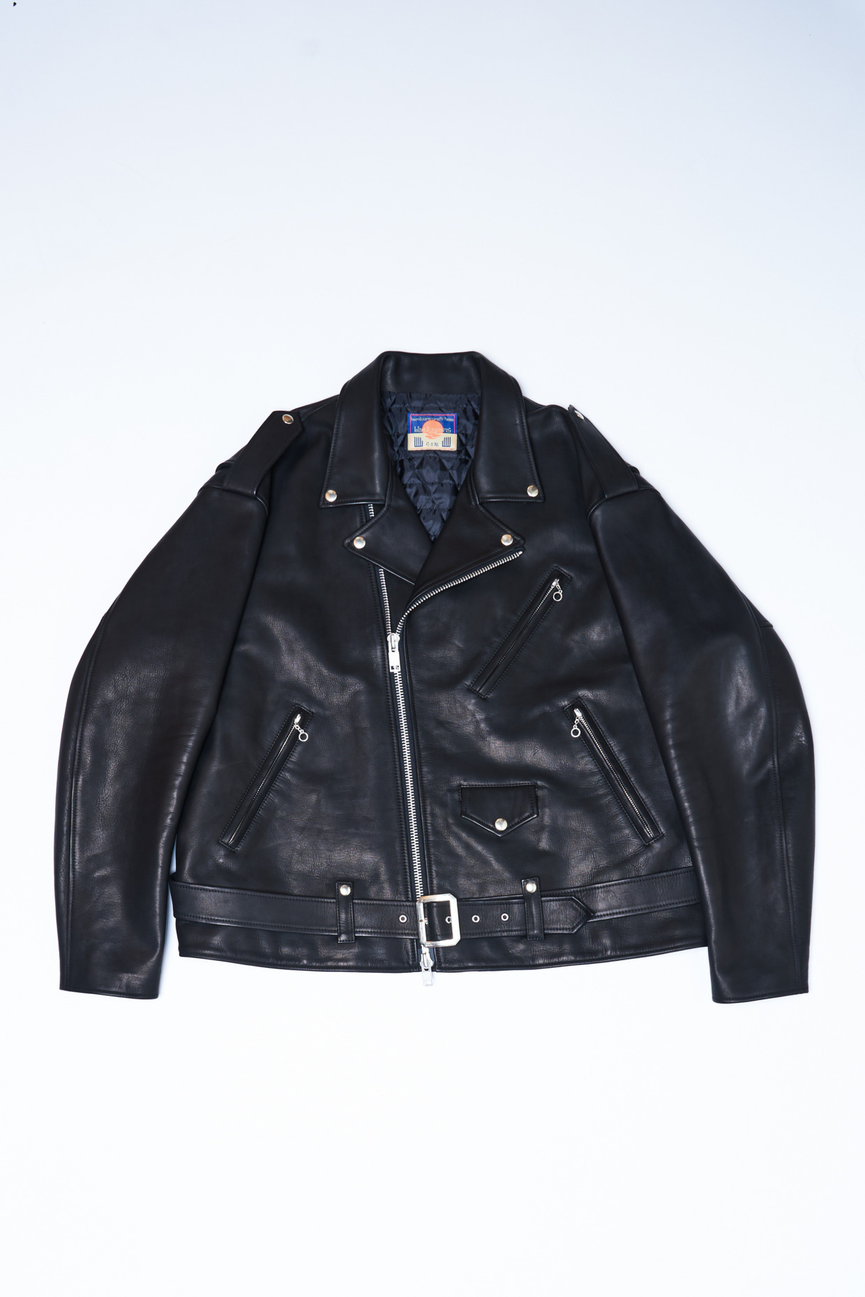 945-81TJ437-1 Wide silhouette Leather Motorcycle Jacket w/ Front Backle Detail